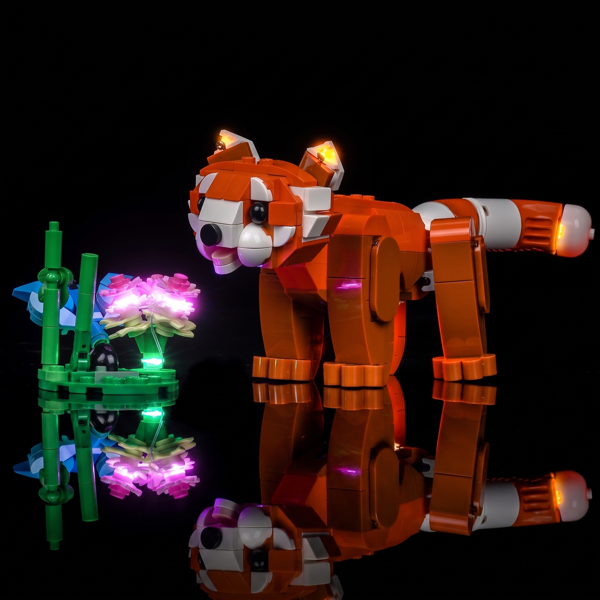 LEGO® Creator Cute Animals: Red Panda #31394 the panda and its lit flowers, with the USB-powered LED light kit