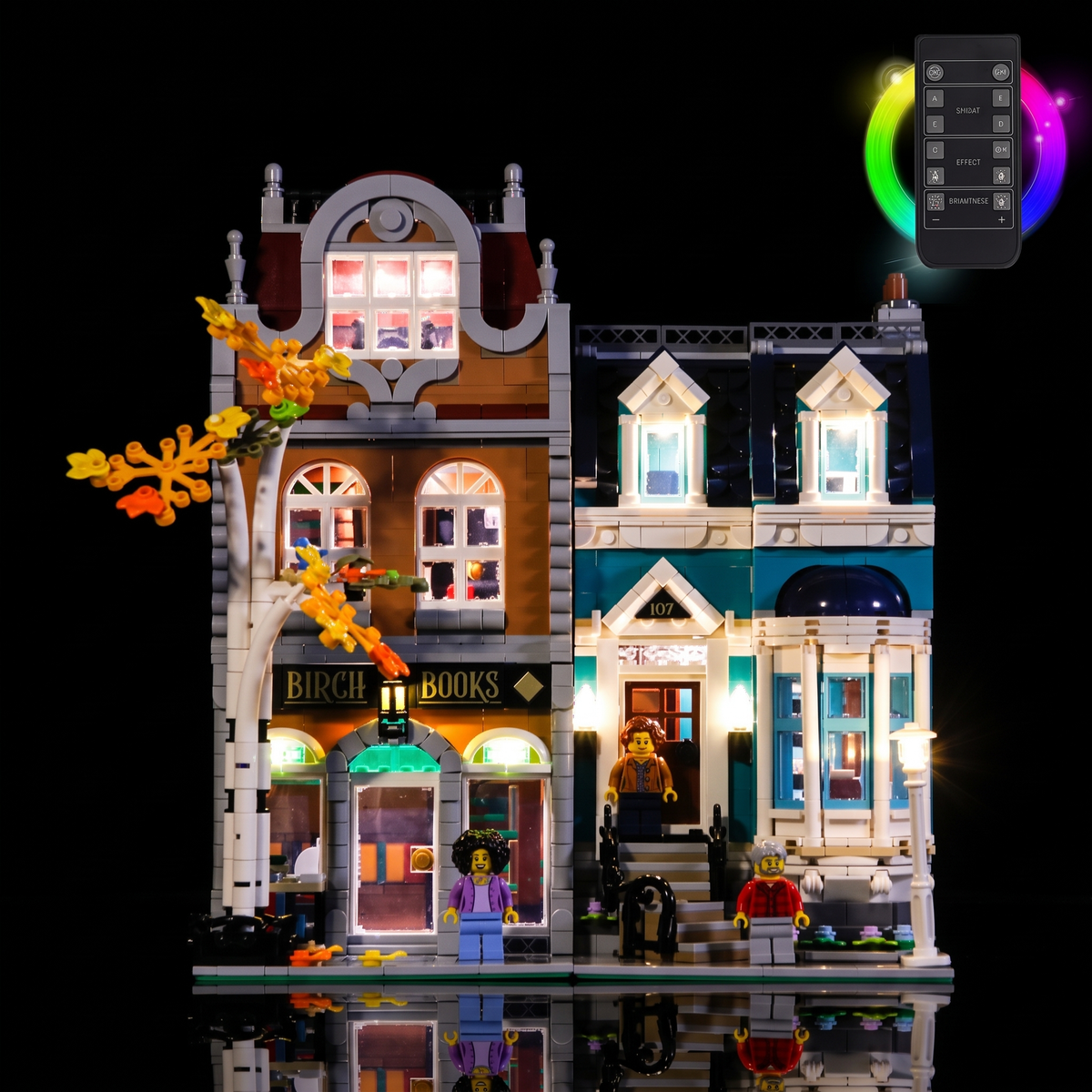 LEGO Buchhandlung 10270 von vorn beleuchtet mit Fernbedienung und Grafik für mehrfarbige Effekte