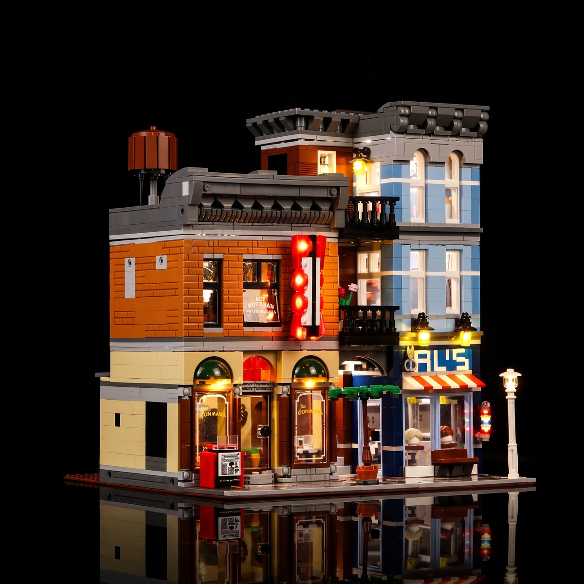 LEGO® Creator Expert Detective's Office #10246 display lighting in a dark room, with the premium LED light kit