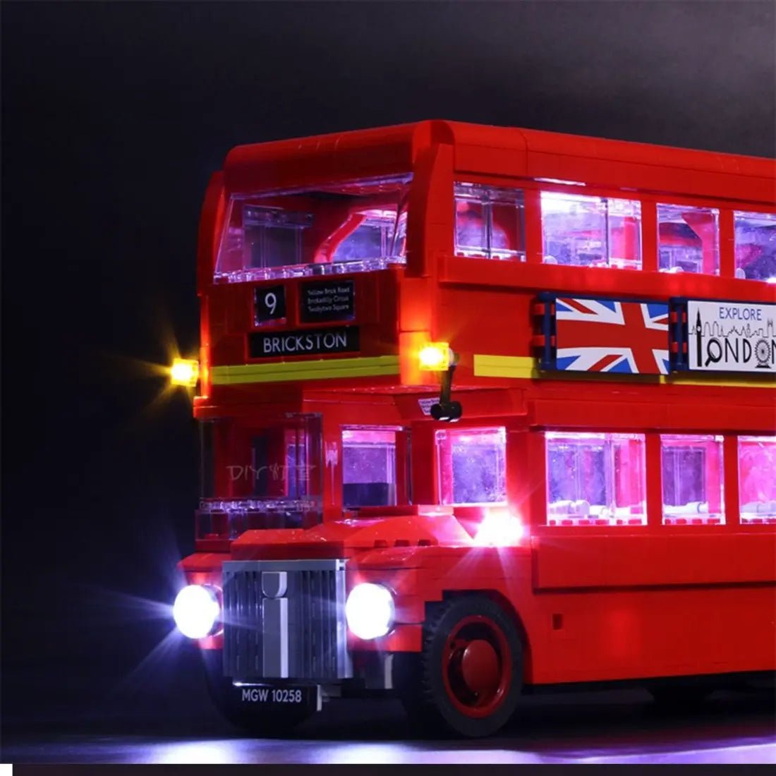 LEGO® Creator Expert London Bus #10258 before-and-after lighting, with the USB-powered LED light kit
