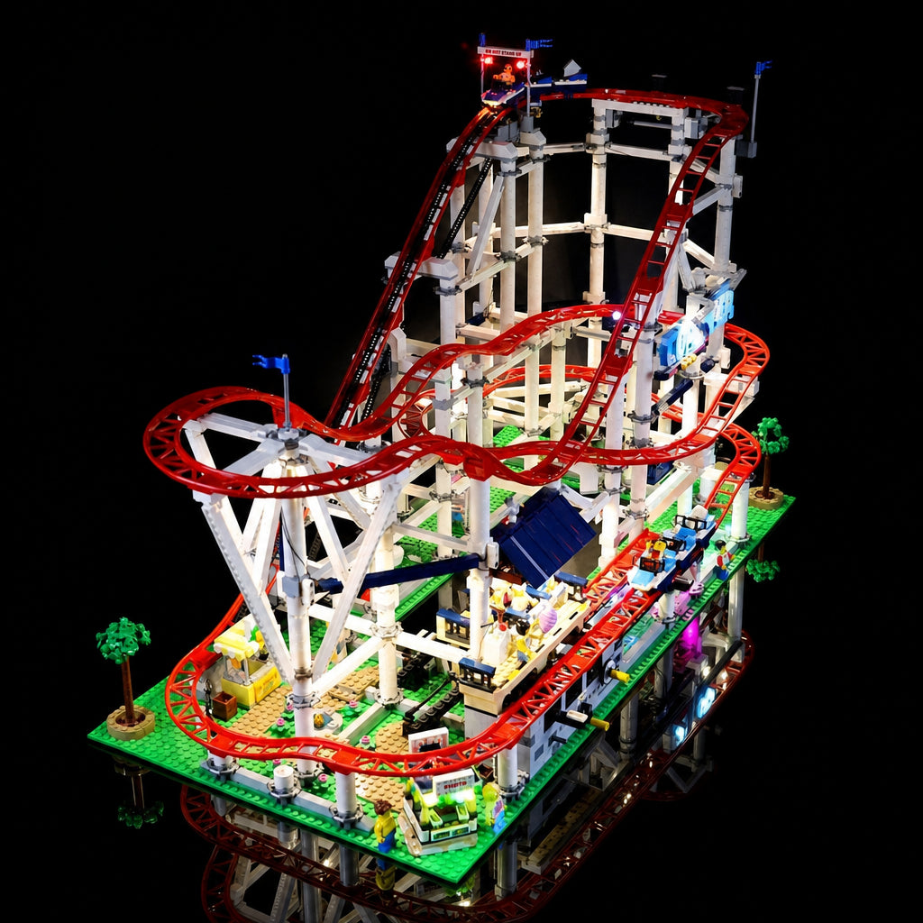 LEGO® Creator Expert Roller Coaster #10261 — illuminated at night (LED light kit)
