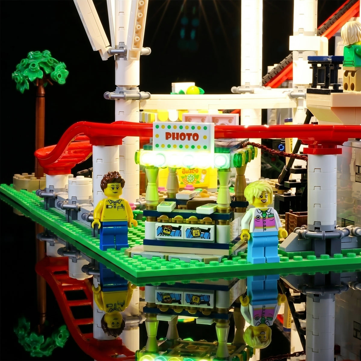 side angle with lights on: Bright My Bricks LED light kit for LEGO® Creator Expert Roller Coaster #10261