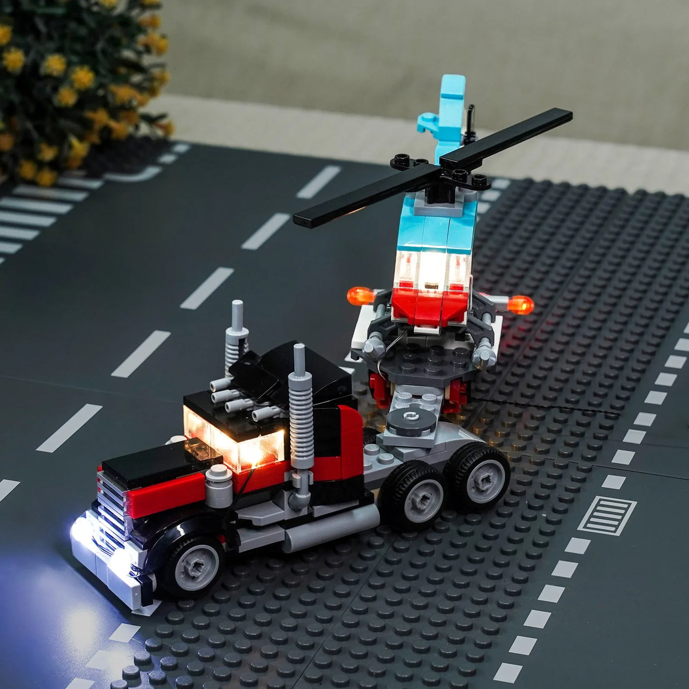 custom LED lighting for LEGO® Creator Flatbed Truck with Helicopter #31146, before-and-after lighting
