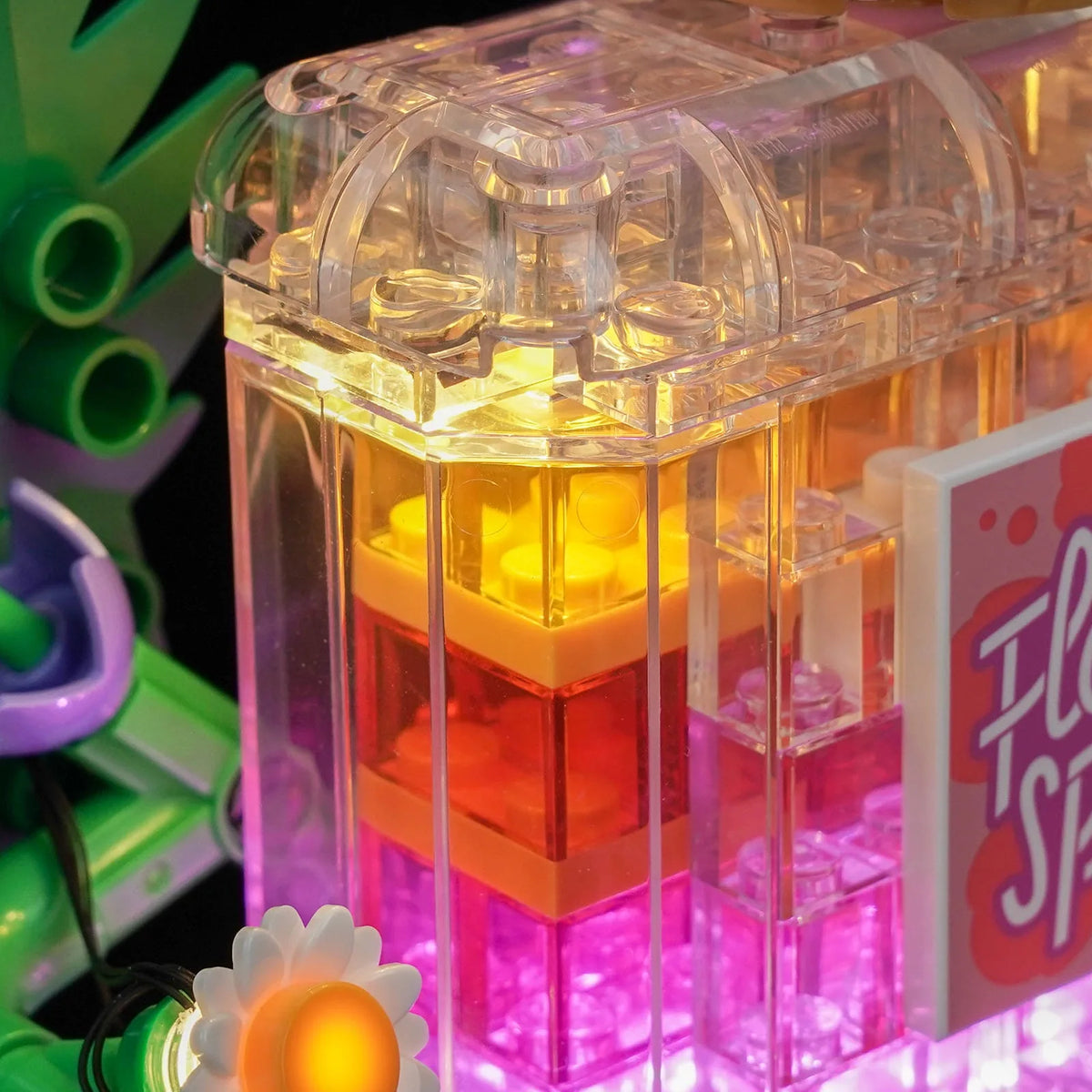 Bright My Bricks LED lights for LEGO® Creator Floral Decor Perfume Bottle #31383 — fully illuminated on display