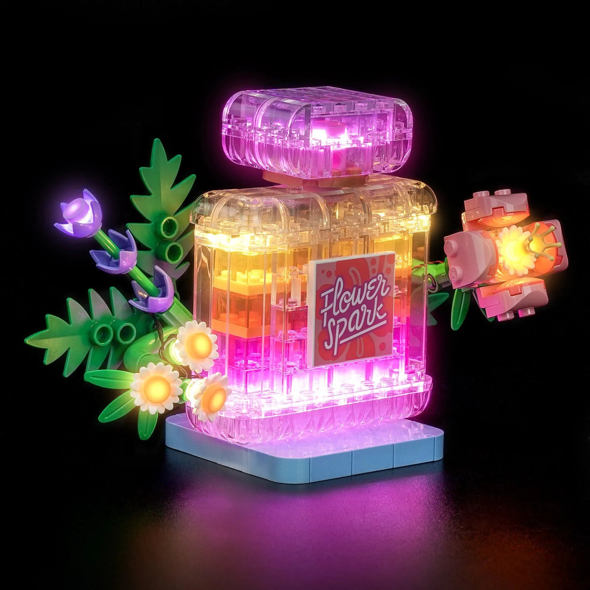 Bright My Bricks light kit for LEGO® Creator Floral Decor Perfume Bottle #31383 — side angle with lights on
