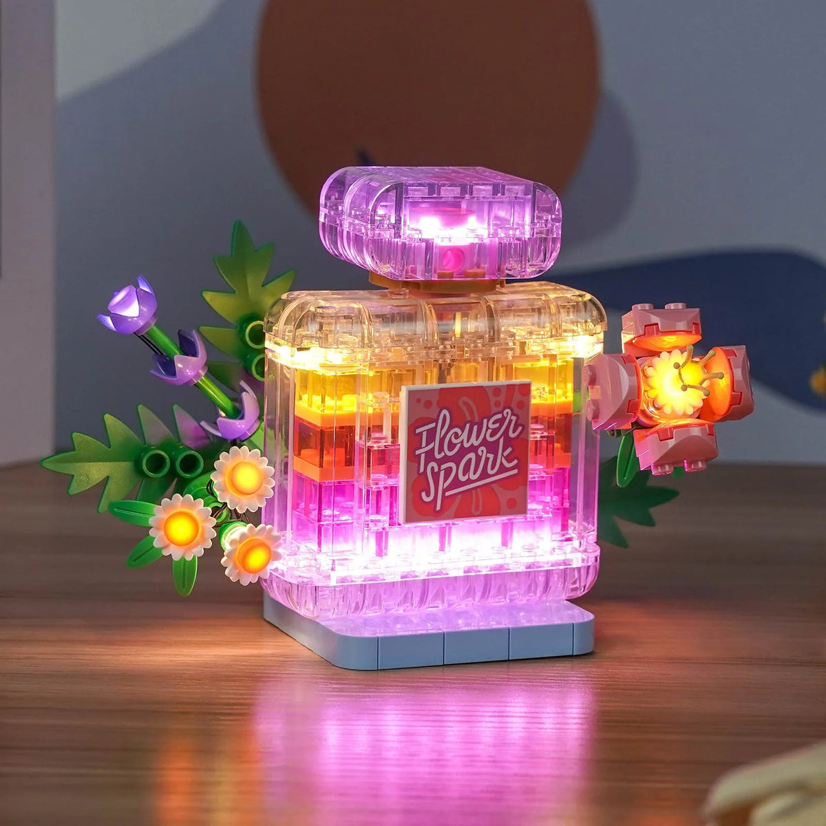 LEGO® Creator Floral Decor Perfume Bottle #31383 — display lighting in a dark room (custom LED lighting)