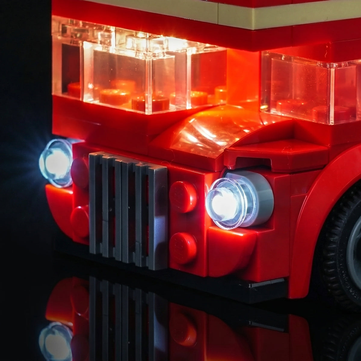 LEGO® Creator London Bus #40953 LED kit powered on, with the RGB LED light kit