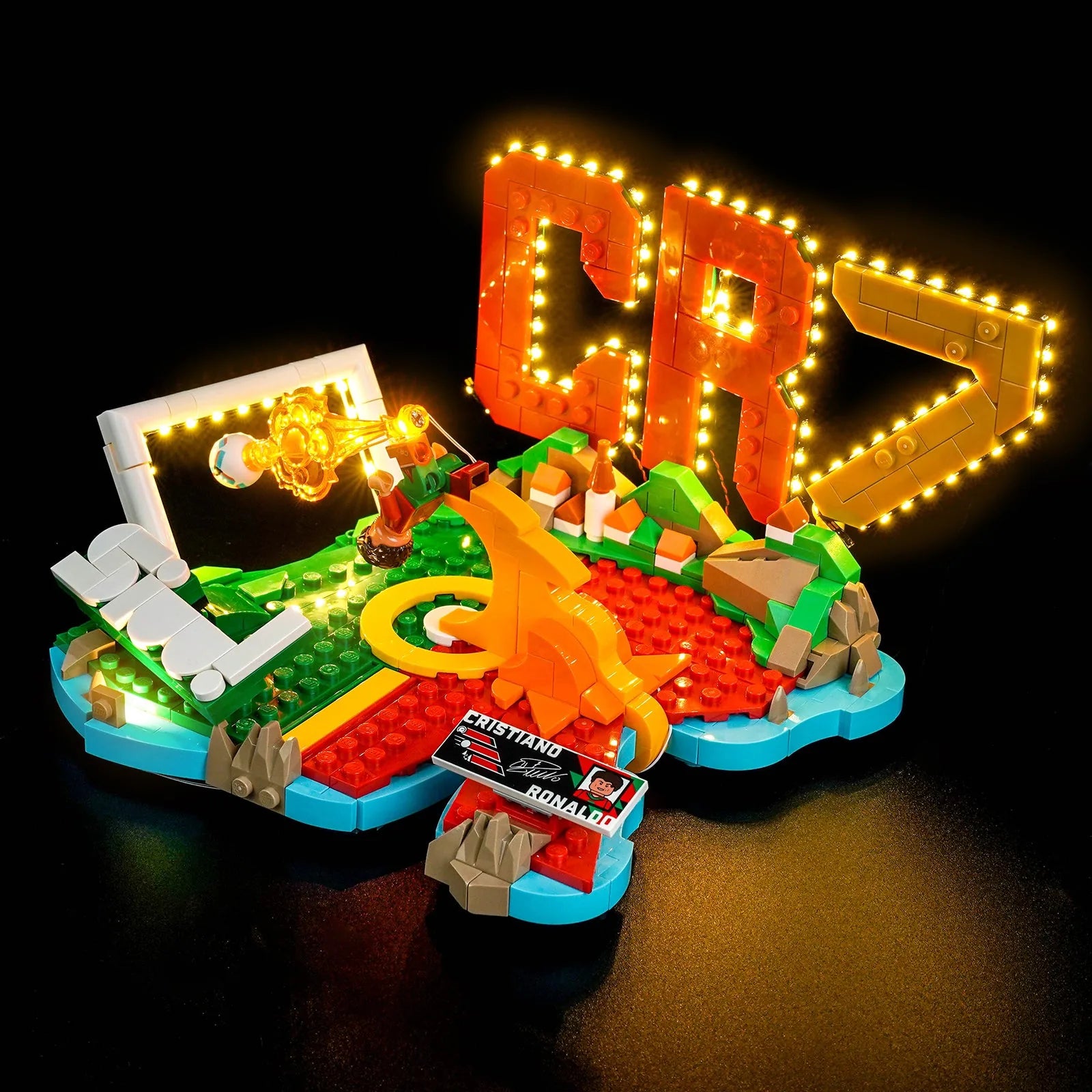 LEGO Cristiano Ronaldo Soccer Highlights #43012 illuminated at night