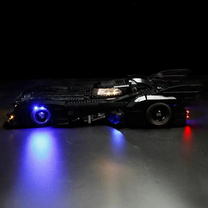 Close-up of LED lights on LEGO DC 1989 Batmobile #76139