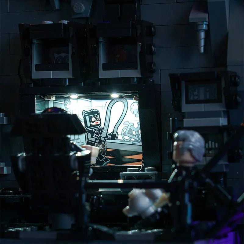 LEGO® DC Batcave #76252 illuminated at night, with the LED lighting kit