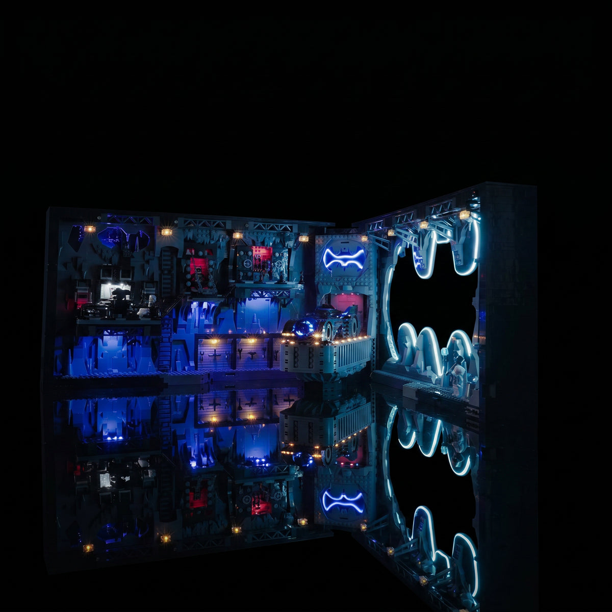 LEGO® DC Batcave #76252 installed and glowing, with the RGB LED light kit