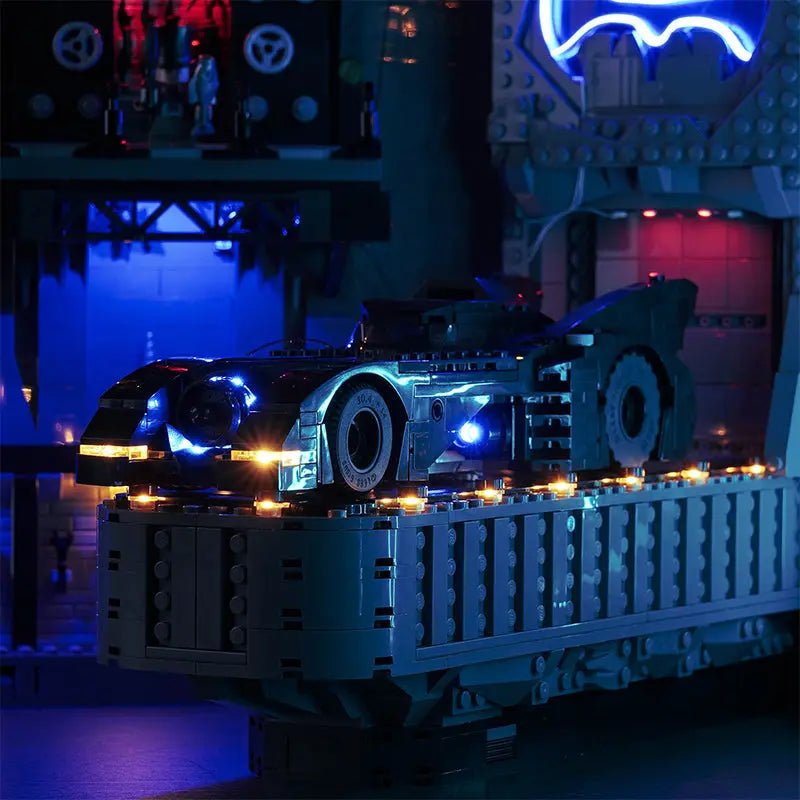LEGO® DC Batcave #76252 LED strips and bricks detail, with the USB-powered LED light kit