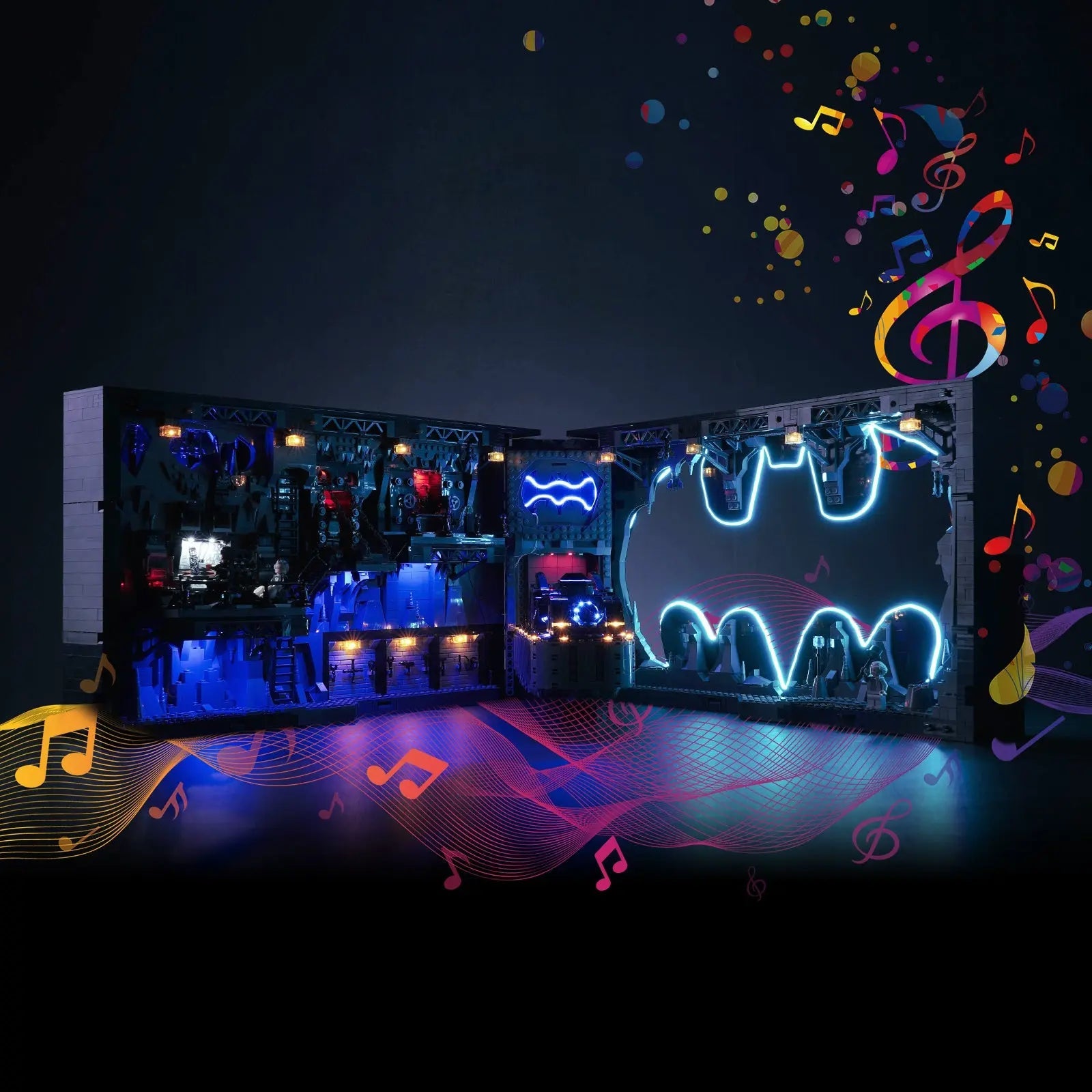 LEGO DC Batcave #76252 illuminated at night