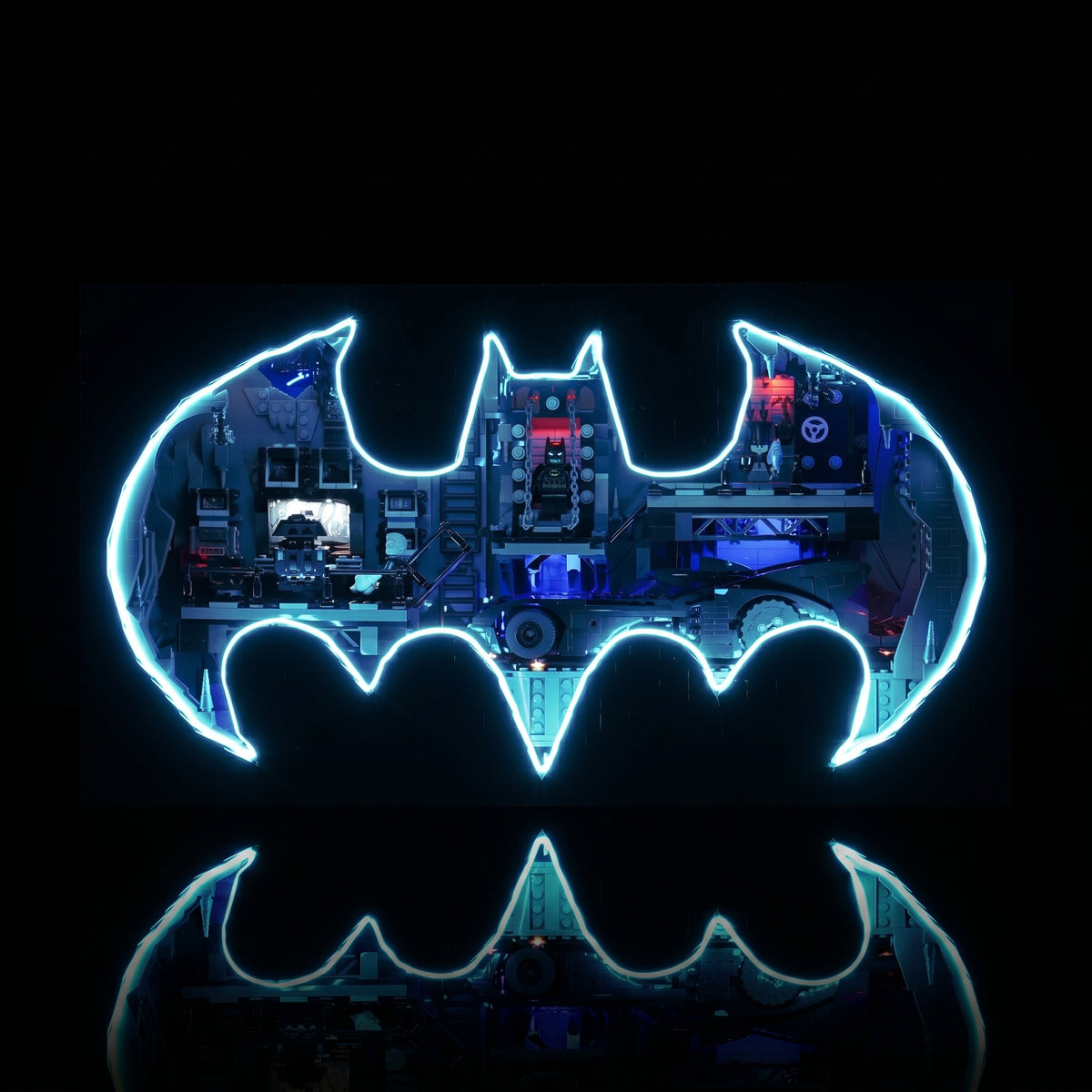 Bright My Bricks LED light kit for LEGO® DC Batcave #76252 — front view fully lit