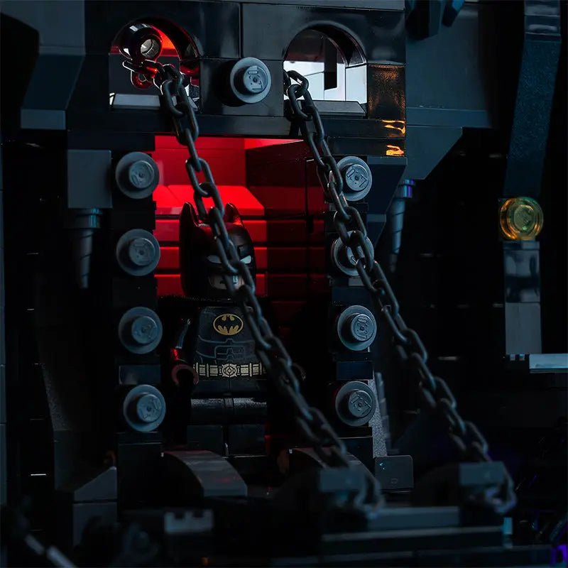 LEGO® DC Batcave #76252 — front view fully lit (USB-powered LED light kit)
