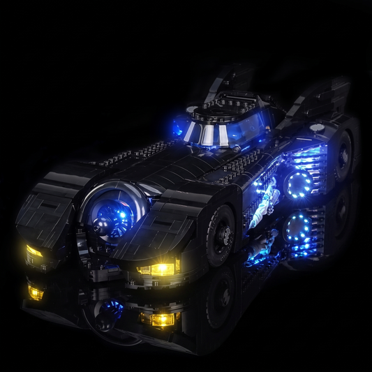 Bright My Bricks LED light kit for LEGO® DC Batman Returns Batmobile™ #76355 — fully illuminated on display