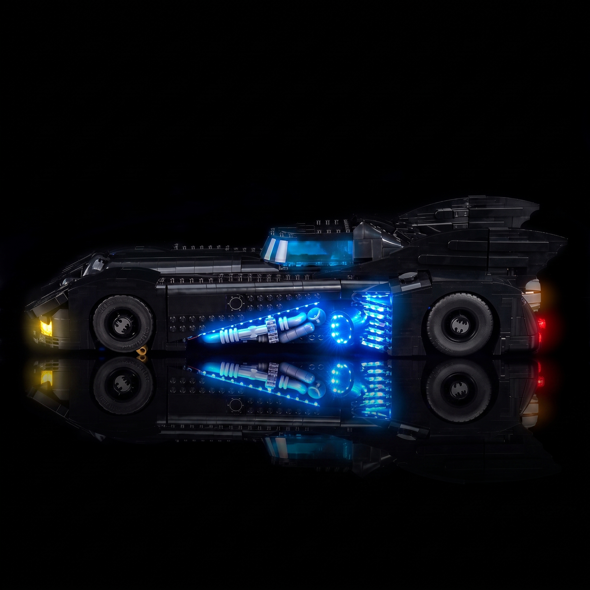 LEGO® DC Batman Returns Batmobile™ #76355 the cockpit glowing under the canopy, with the USB-powered LED light kit