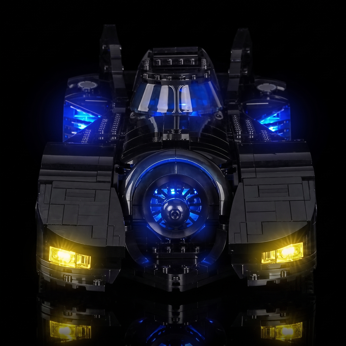 the open flank panels lit in blue: Bright My Bricks LED lighting kit for LEGO® DC Batman Returns Batmobile™ #76355