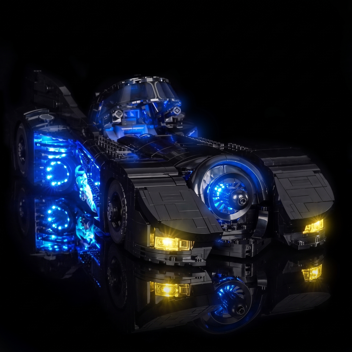 Bright My Bricks LED light kit for LEGO® DC Batman Returns Batmobile™ #76355 — the car lit in a dark room