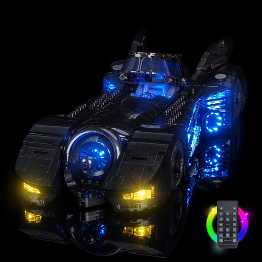 LEGO® DC Batman Returns Batmobile™ #76355 seen from the front, lit, with the USB-powered LED light kit