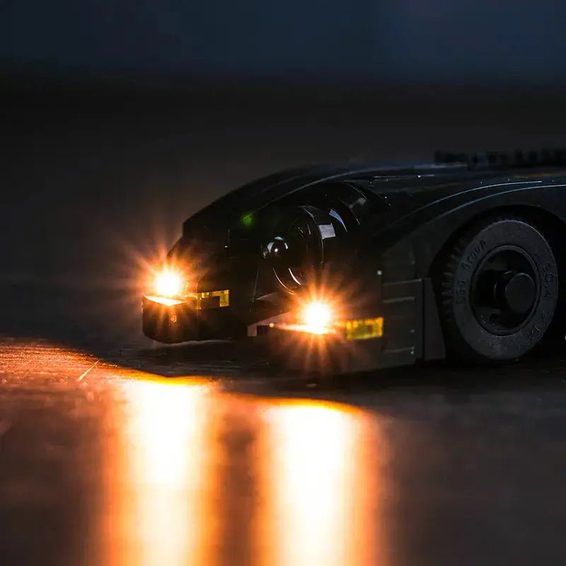 Close-up of LED lights on LEGO DC Batmobile #76224