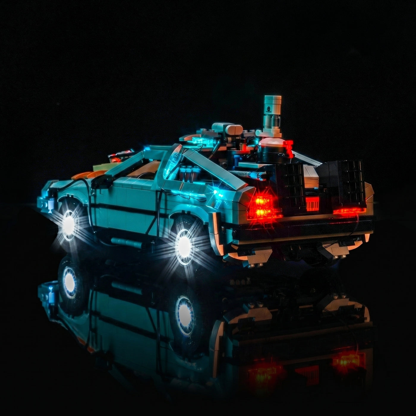 Bright My Bricks custom LED lighting for LEGO® DeLorean Time Machine #10300 — night-mode display glow