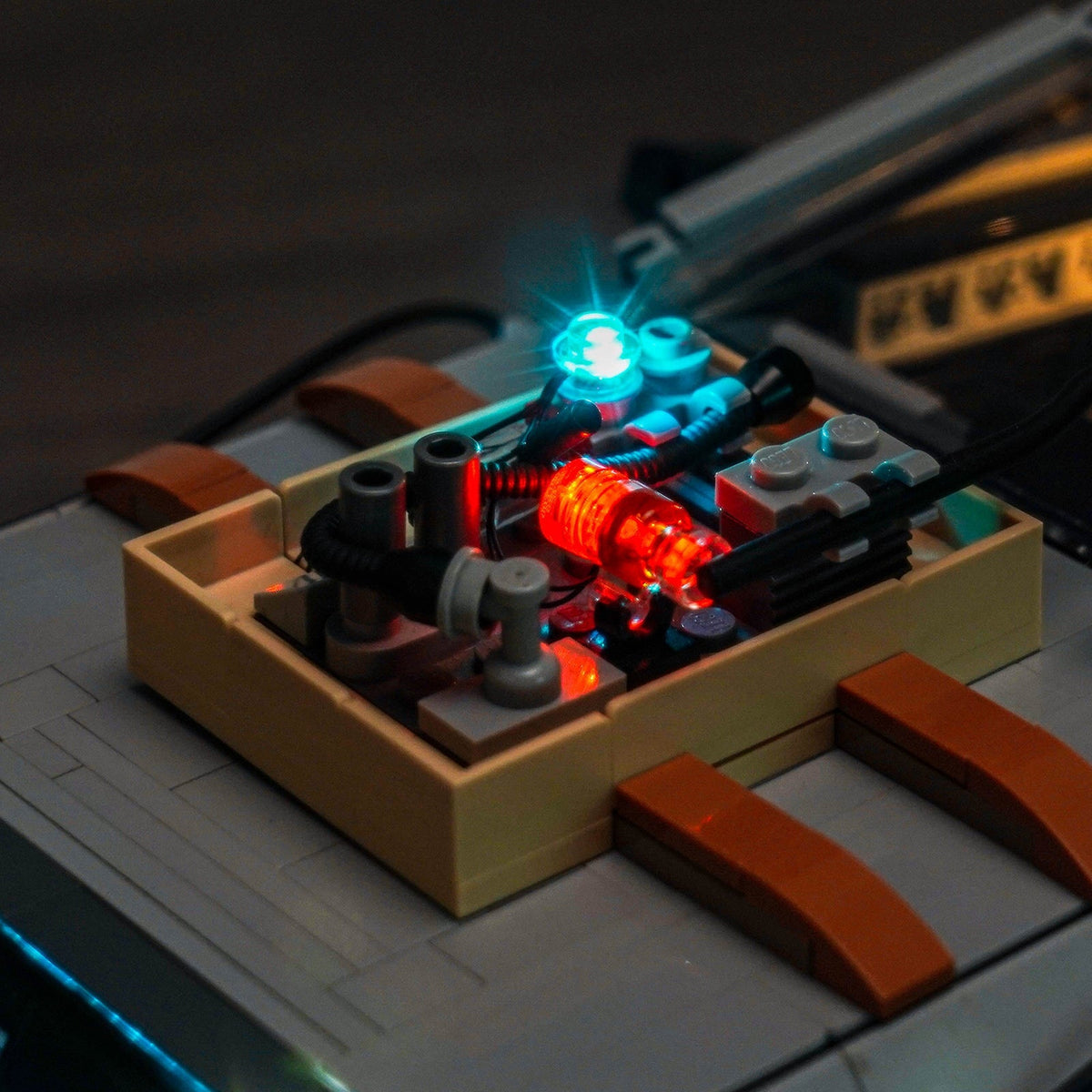 side angle with lights on: Bright My Bricks light kit for LEGO® DeLorean Time Machine #10300