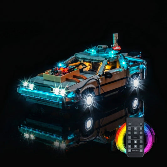 LEGO® DeLorean Time Machine #10300 — showcase lighting view (premium LED light kit)