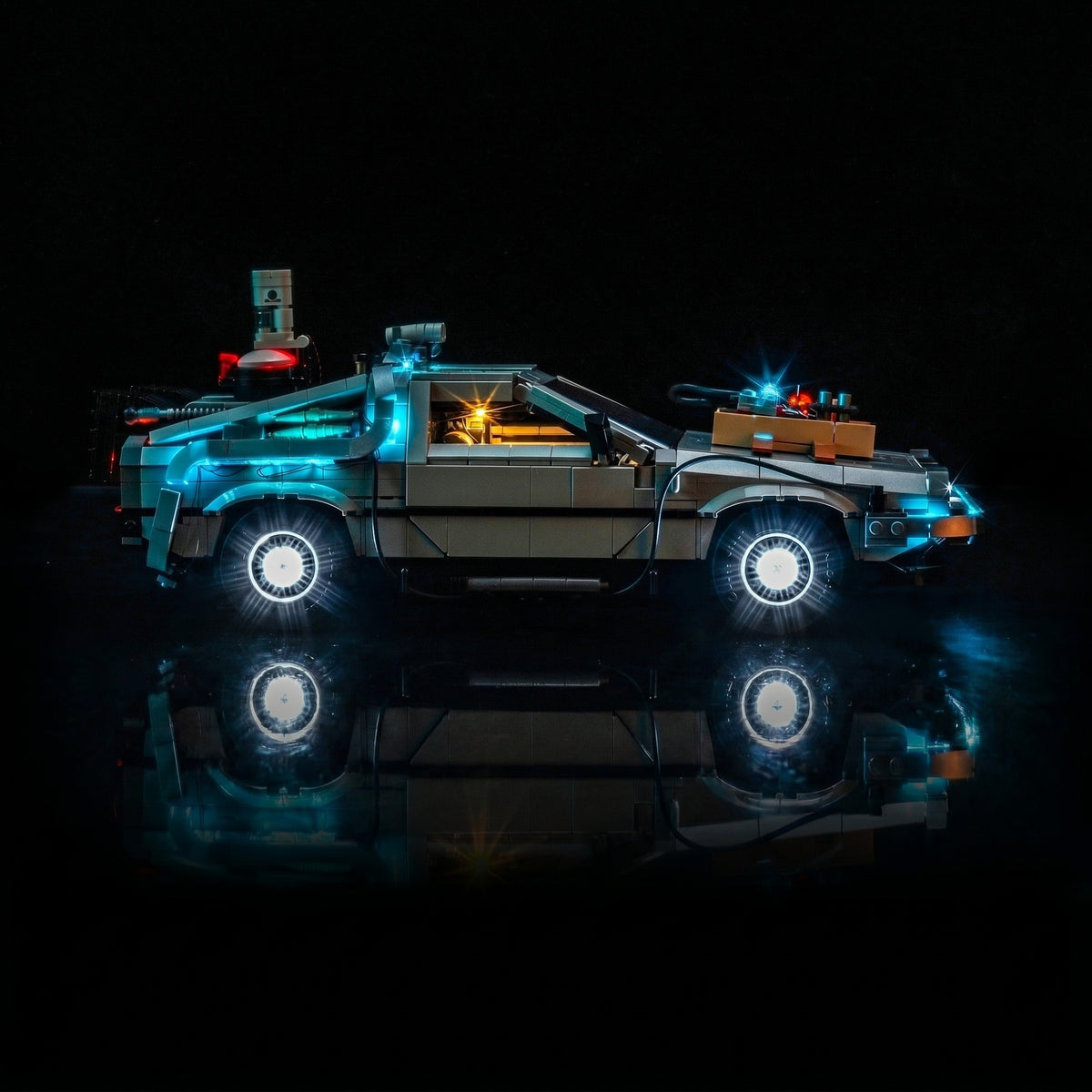 before-and-after lighting: Bright My Bricks LED lights for LEGO® DeLorean Time Machine #10300