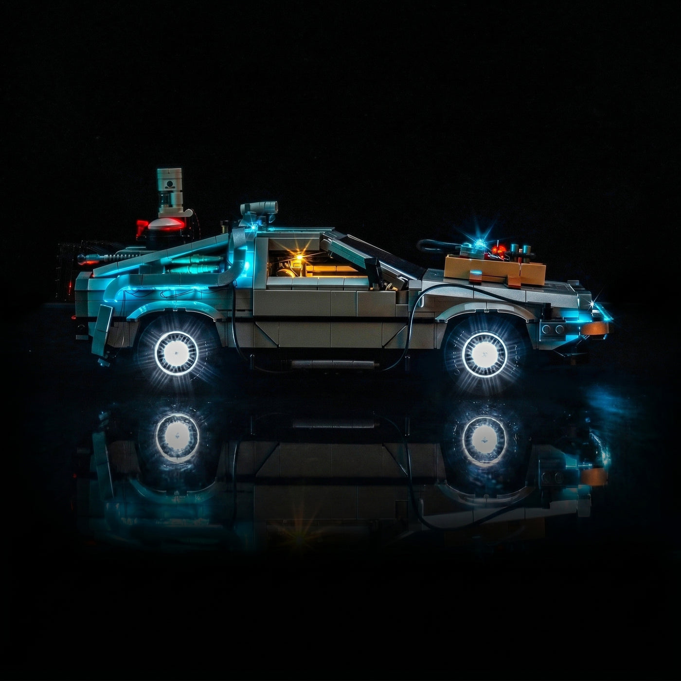 before-and-after lighting: Bright My Bricks LED lights for LEGO® DeLorean Time Machine #10300
