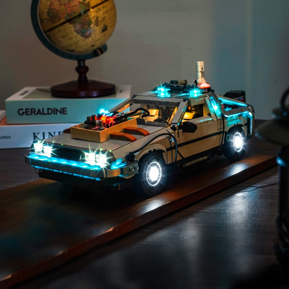Bright My Bricks RGB LED light kit for LEGO® DeLorean Time Machine #10300 — installed and glowing