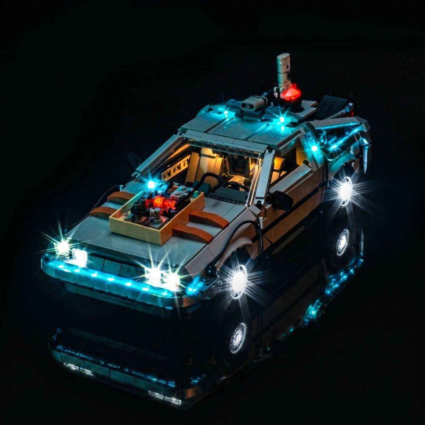 DIY LED light kit for LEGO® DeLorean Time Machine #10300, close-up of the LED lighting detail