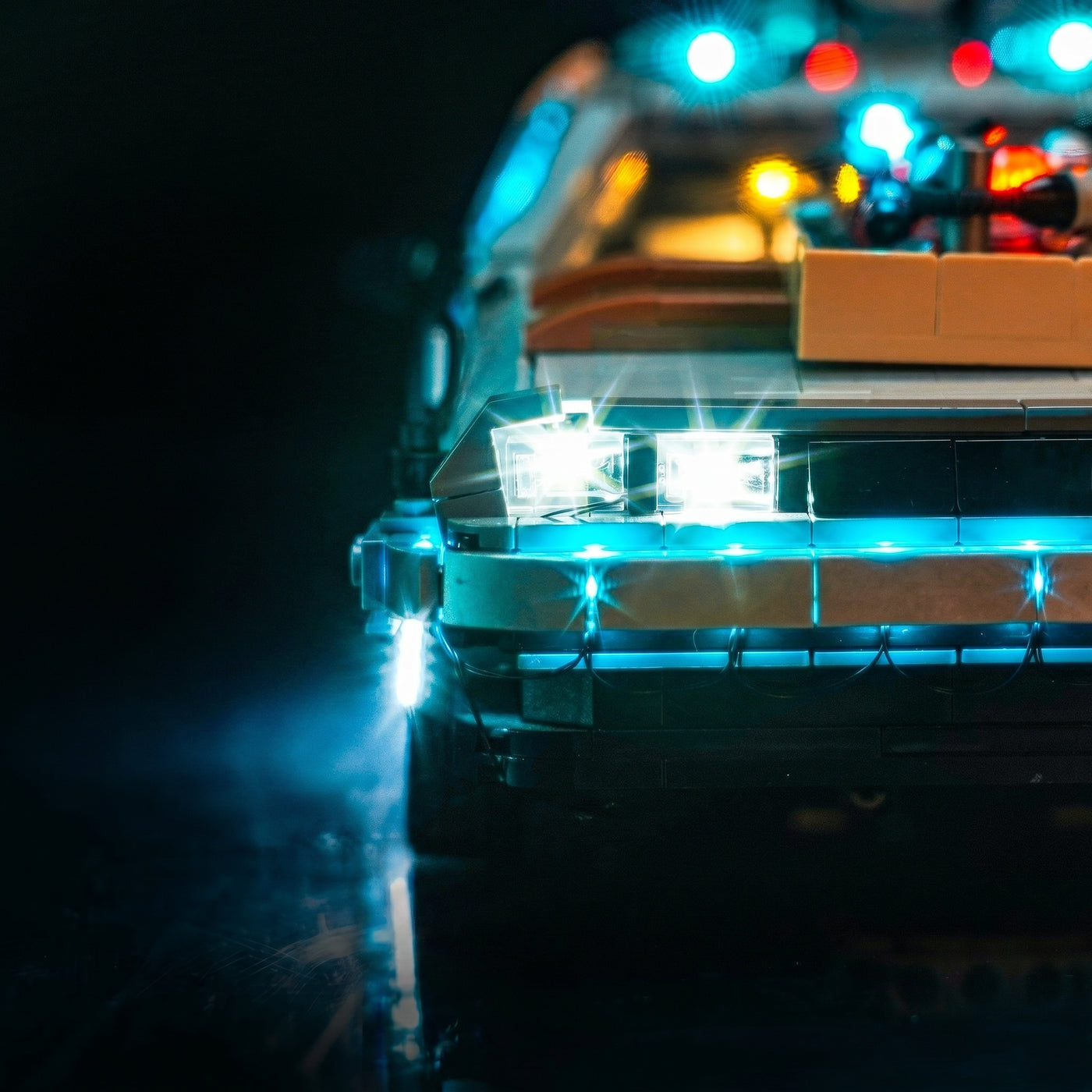 LEGO® DeLorean Time Machine #10300 — installed and glowing (DIY LED light kit)