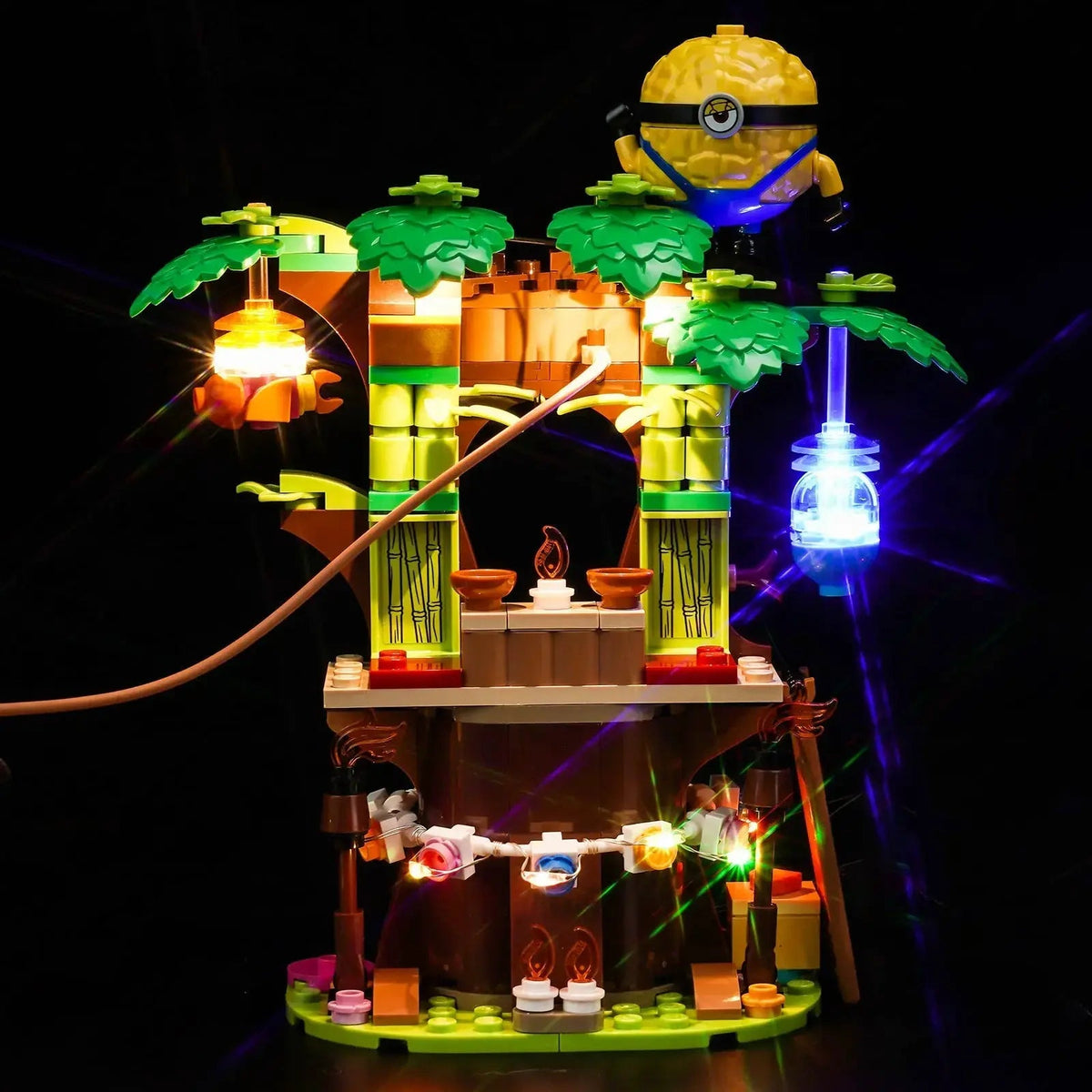 LEGO® Despicable Me 4 Minions and Gru’s Family Mansion #75583 side angle with lights on, with the DIY LED light kit