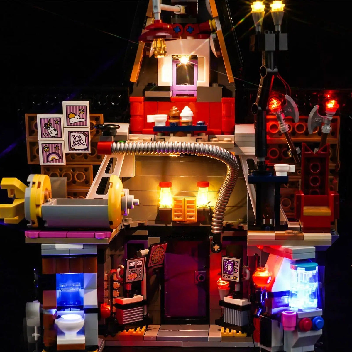 RGB LED light kit for LEGO® Despicable Me 4 Minions and Gru’s Family Mansion #75583, showcase lighting view