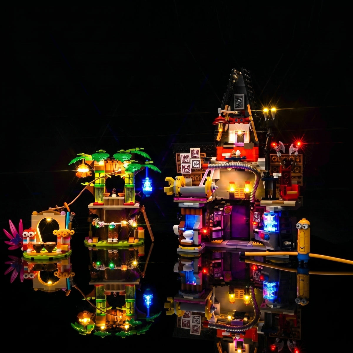 LEGO® Despicable Me 4 Minions and Gru’s Family Mansion #75583 display lighting in a dark room, with the LED lights