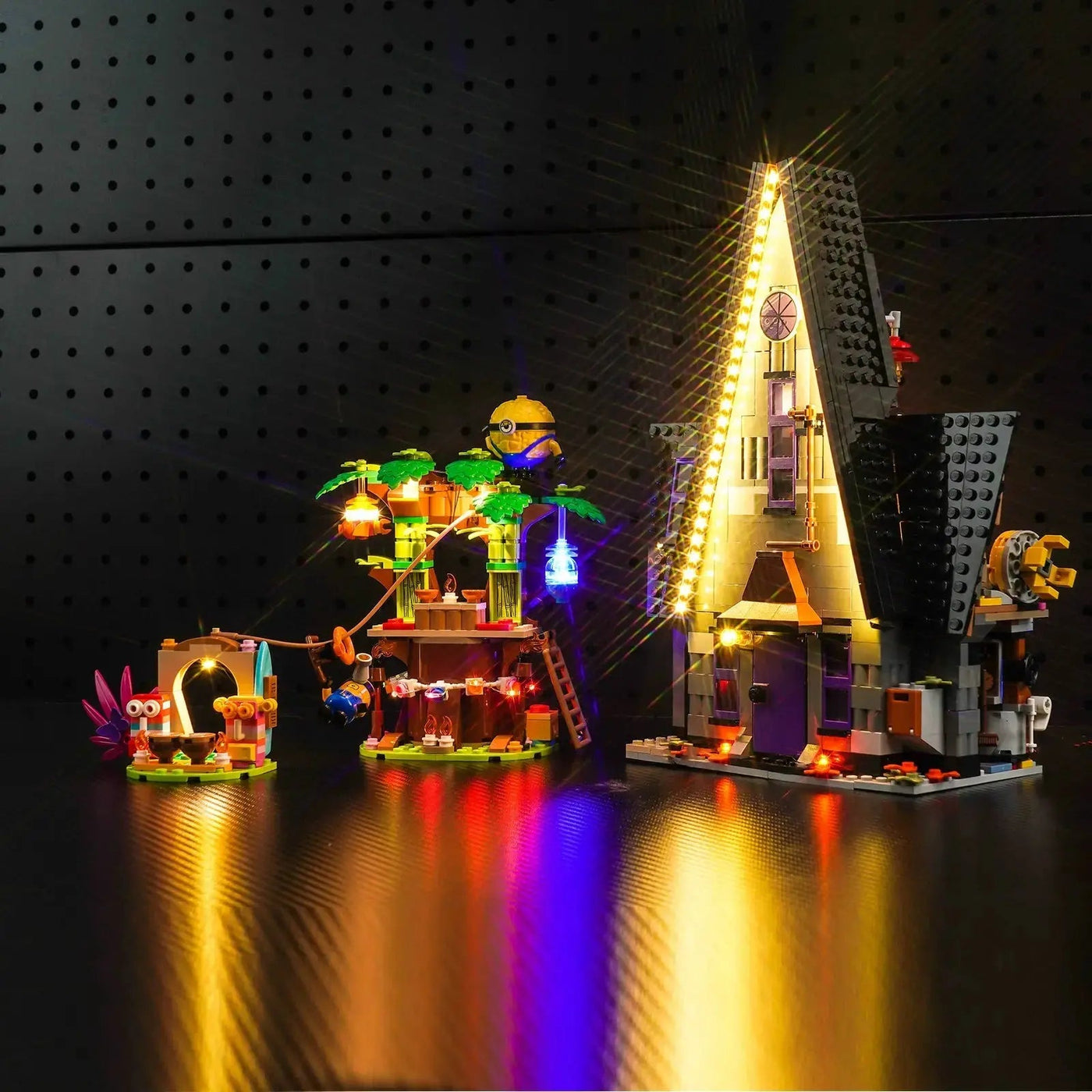 before-and-after lighting: Bright My Bricks LED lights for LEGO® Despicable Me 4 Minions and Gru’s Family Mansion #75583