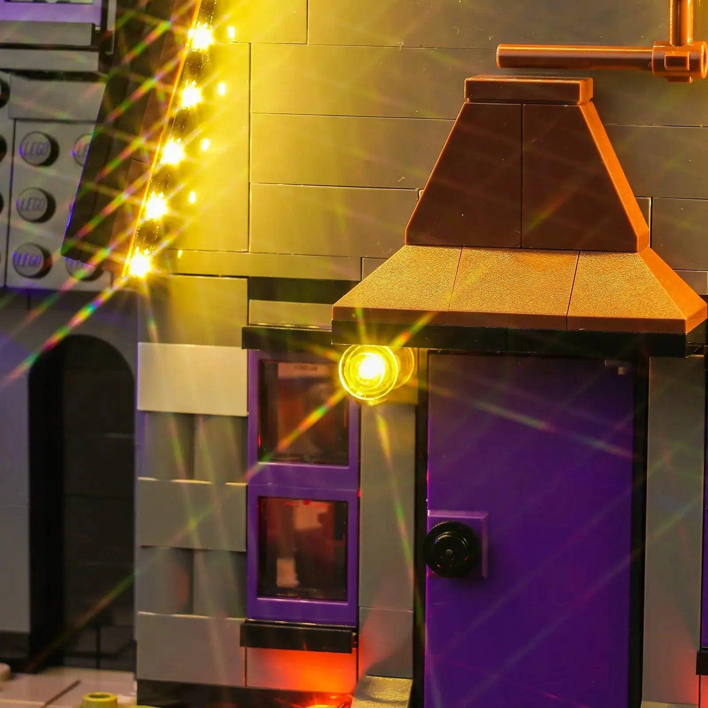 LEGO® Despicable Me 4 Minions and Gru’s Family Mansion #75583 — warm LED glow detail (premium LED light kit)