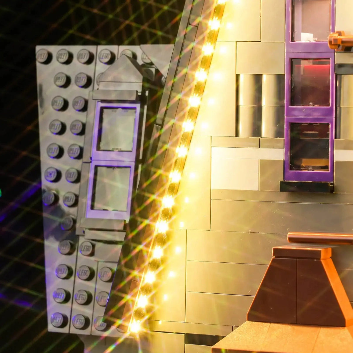 custom LED lighting for LEGO® Despicable Me 4 Minions and Gru’s Family Mansion #75583, fully illuminated on display