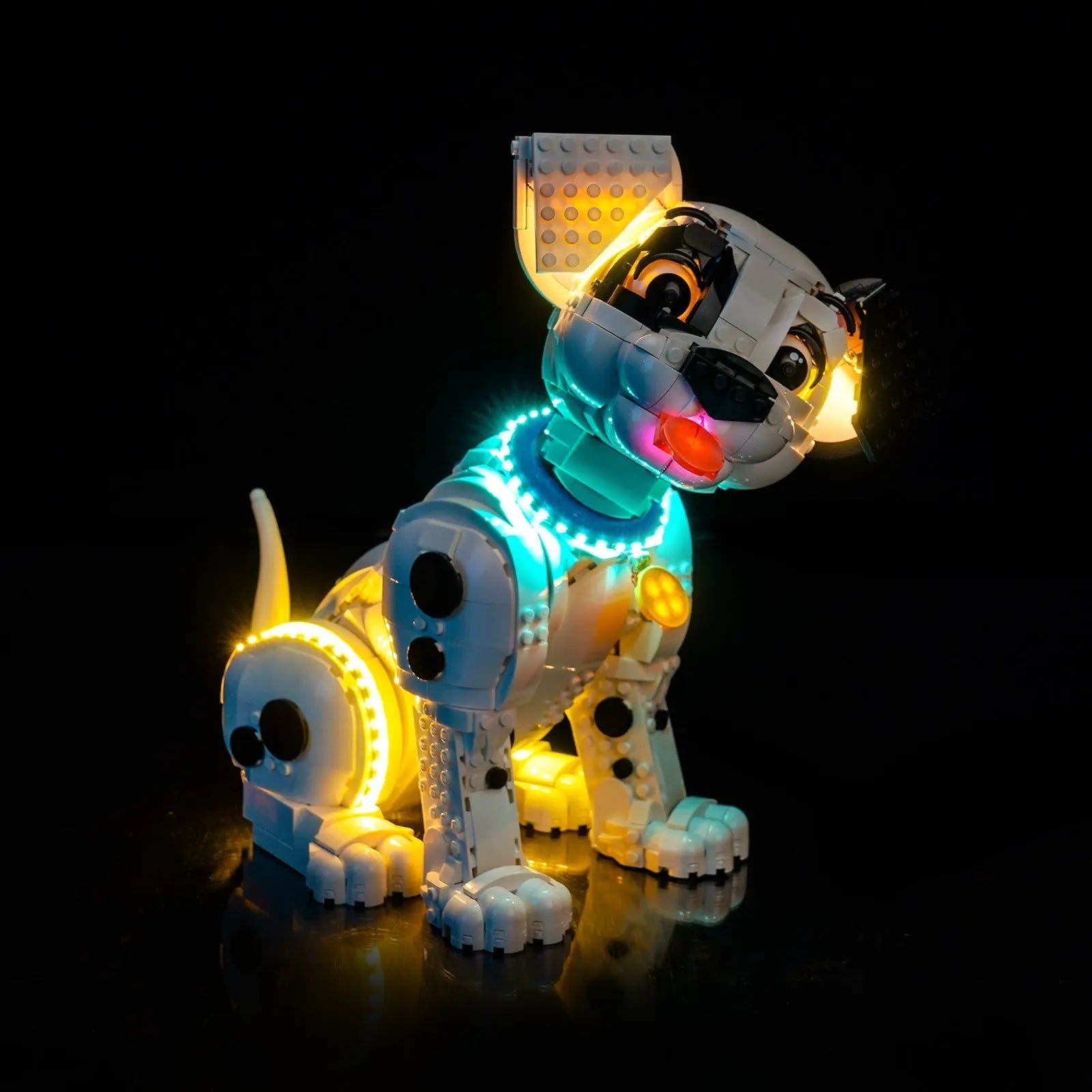 LEGO Disney 101 Dalmatians Puppy #43269 illuminated at night