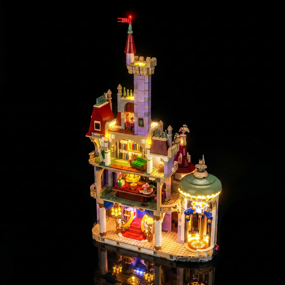 fully illuminated on display: Bright My Bricks USB-powered LED light kit for LEGO® Disney Beauty and the Beast Castle #43263