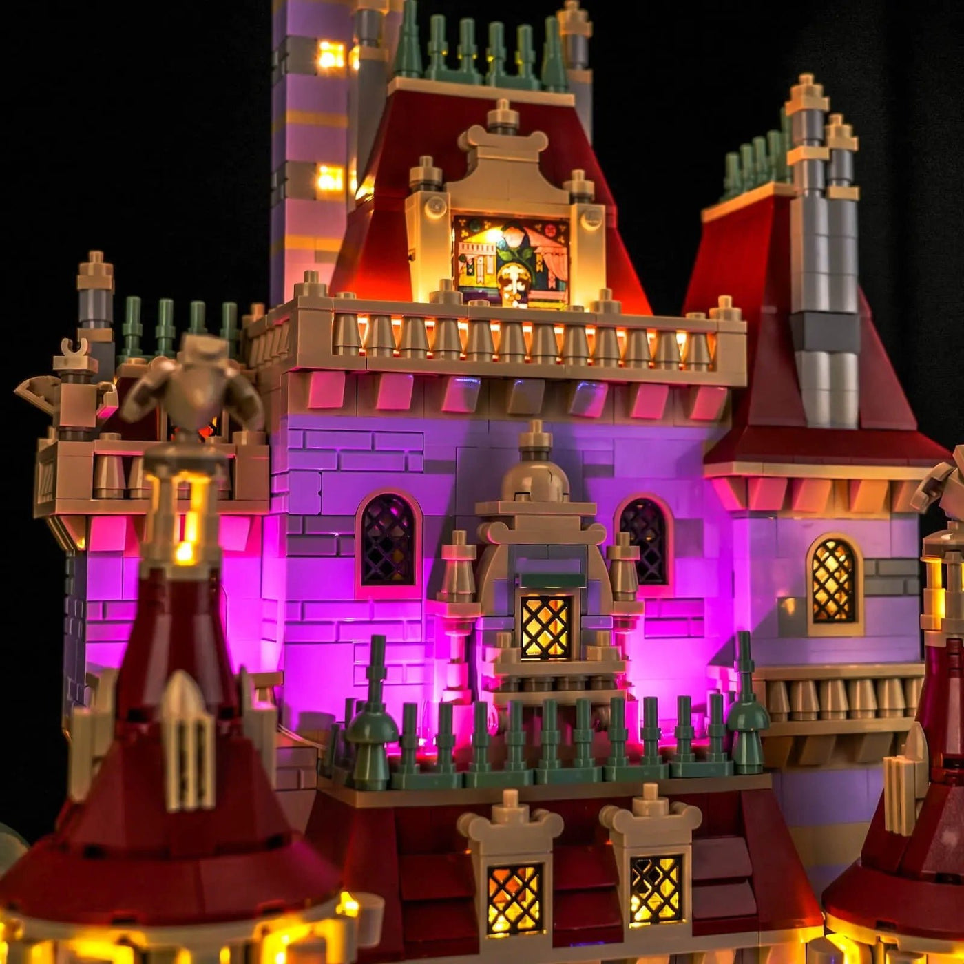 LEGO® Disney Beauty and the Beast Castle #43263 LED strips and bricks detail, with the DIY LED light kit