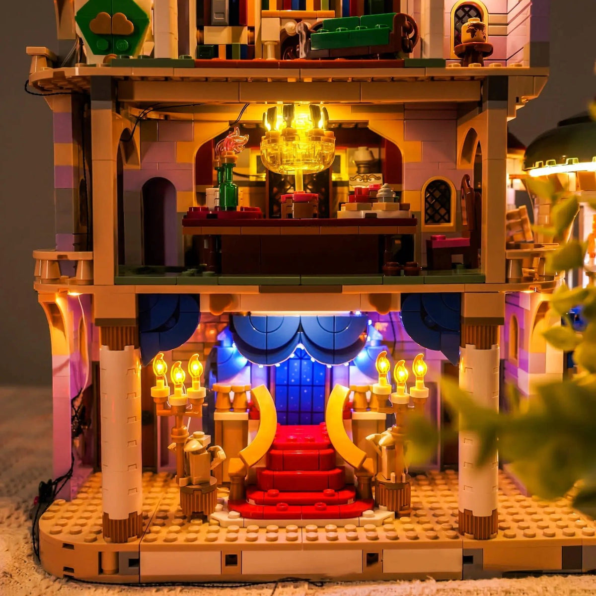 LEGO® Disney Beauty and the Beast Castle #43263 night-mode display glow, with the DIY LED light kit