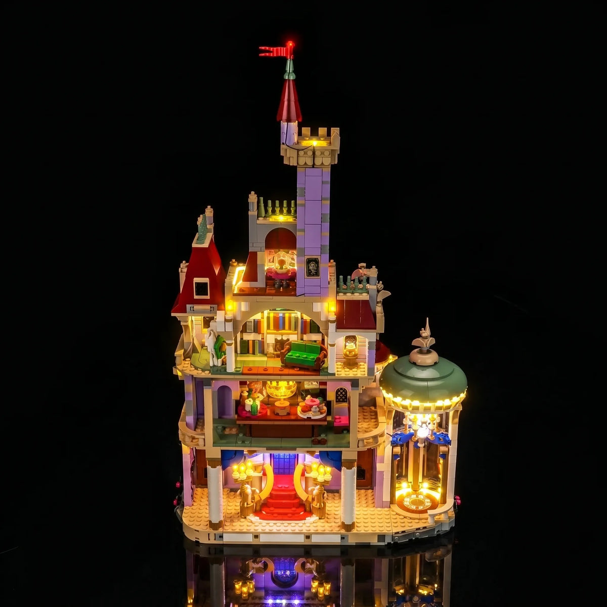 Bright My Bricks custom LED lighting for LEGO® Disney Beauty and the Beast Castle #43263 — showcase lighting view