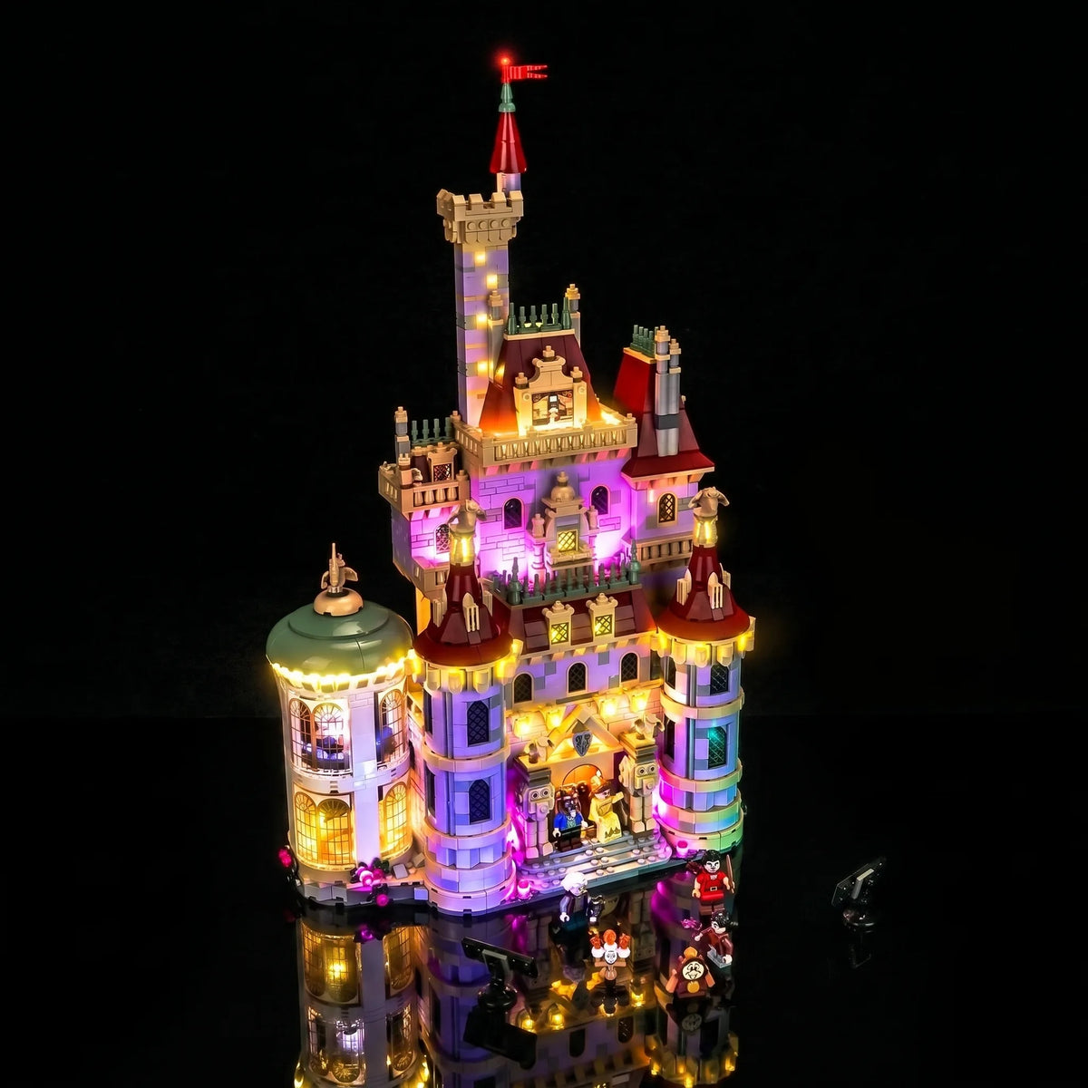 Bright My Bricks USB-powered LED light kit for LEGO® Disney Beauty and the Beast Castle #43263 — illuminated at night