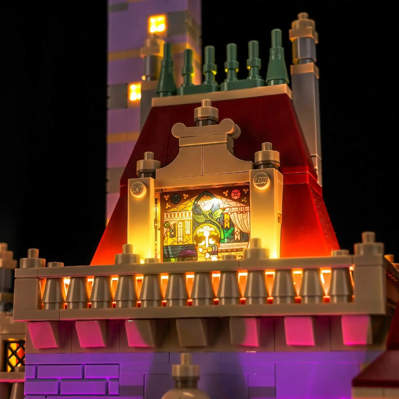 LEGO® Disney Beauty and the Beast Castle #43263 — brightened interior detail (USB-powered LED light kit)
