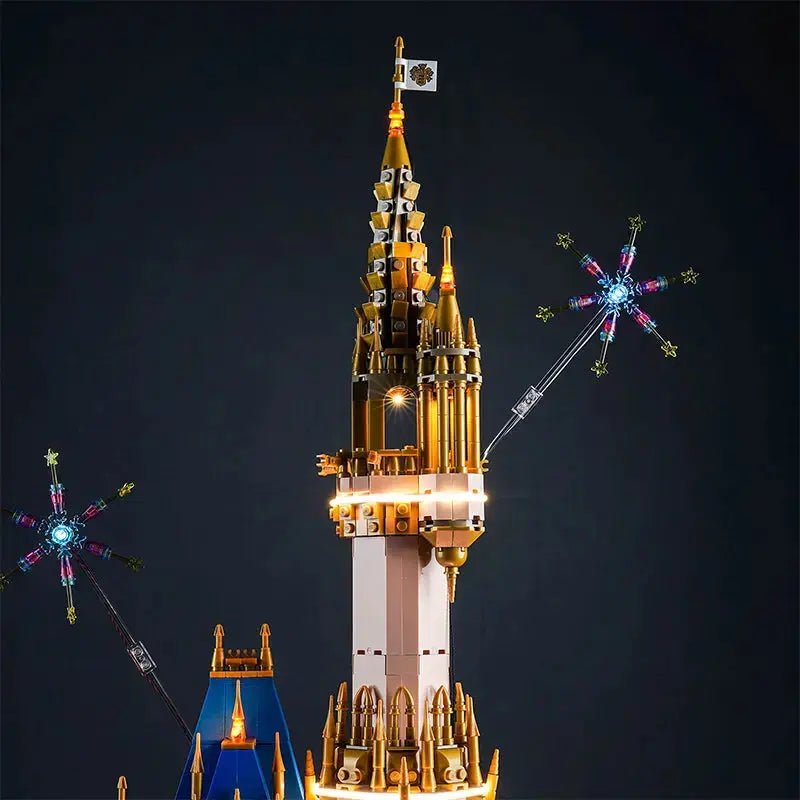 Close-up of LED lights on LEGO Disney Castle #43222