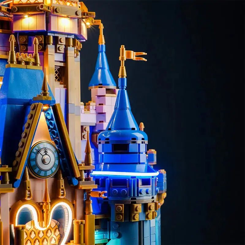 Bright My Bricks DIY LED light kit for LEGO® Disney Castle #43222 — fully illuminated on display
