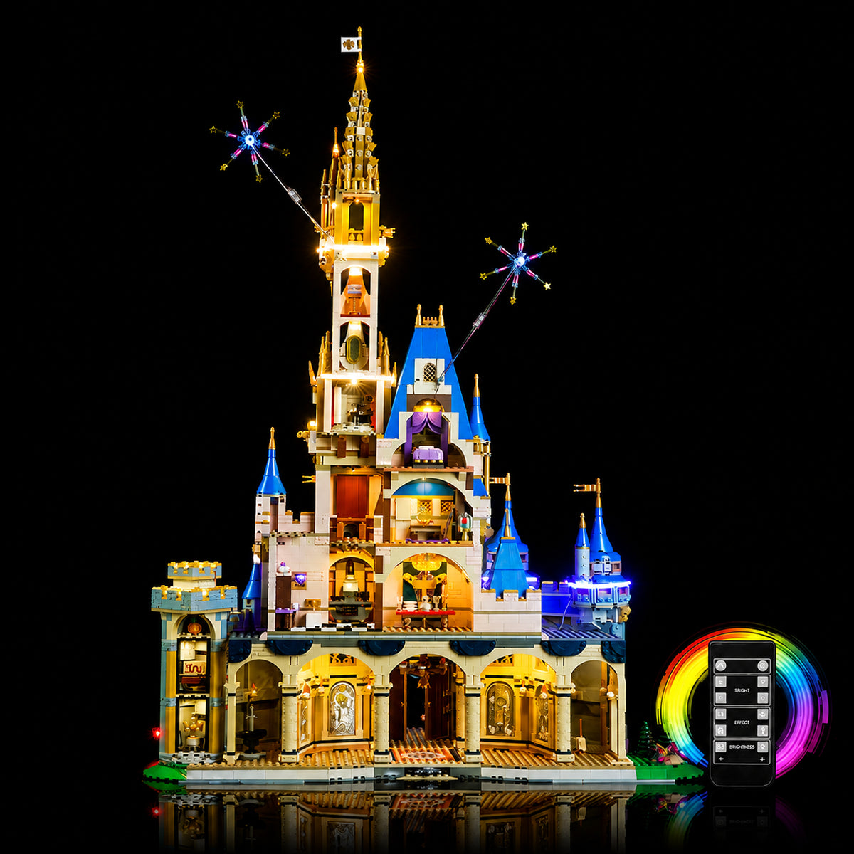 LED lighting kit for LEGO® Disney Castle #43222, side angle with lights on