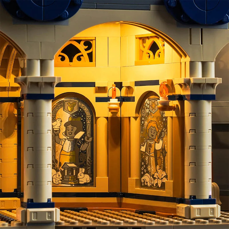 LEGO® Disney Castle #43222 LED strips and bricks detail, with the custom LED lighting